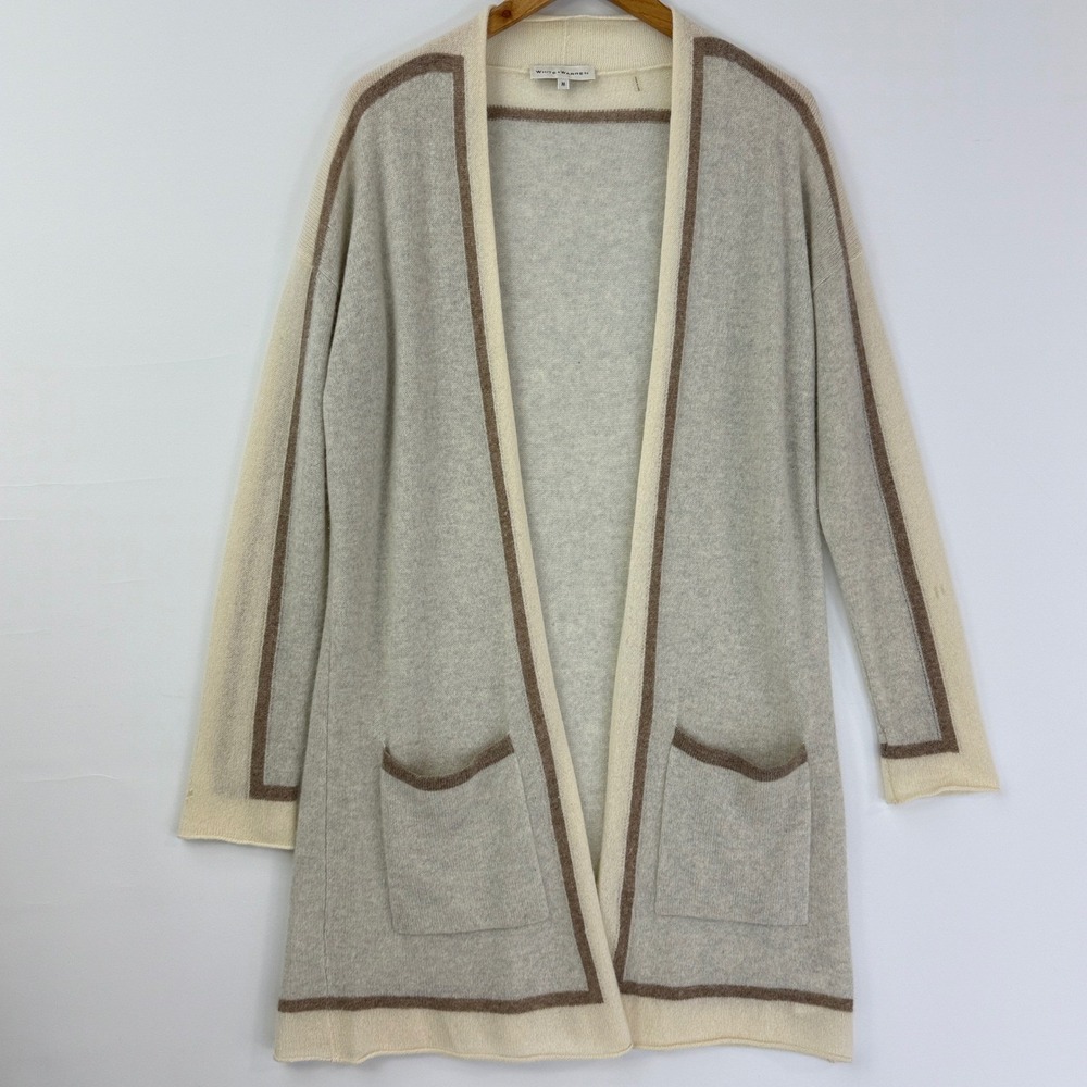 White + Warren Cashmere Cardigan Womens Medium Flaw Cream Colorblock Open Front